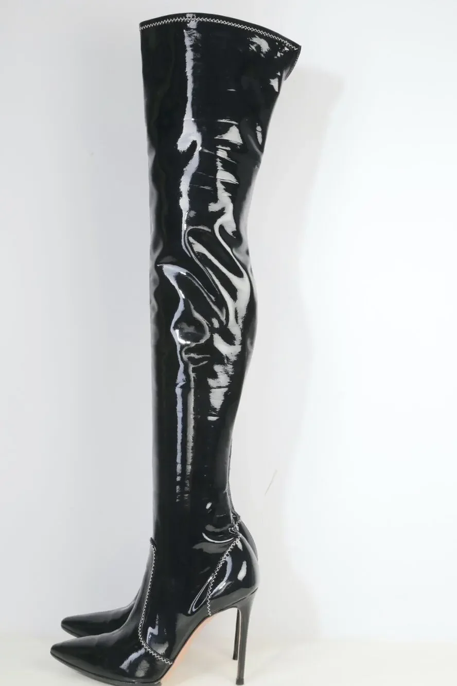 Gianvito Rossi Black Patent Leather Over The Knee OTK Stiletto Boots 36.5 / 6.5